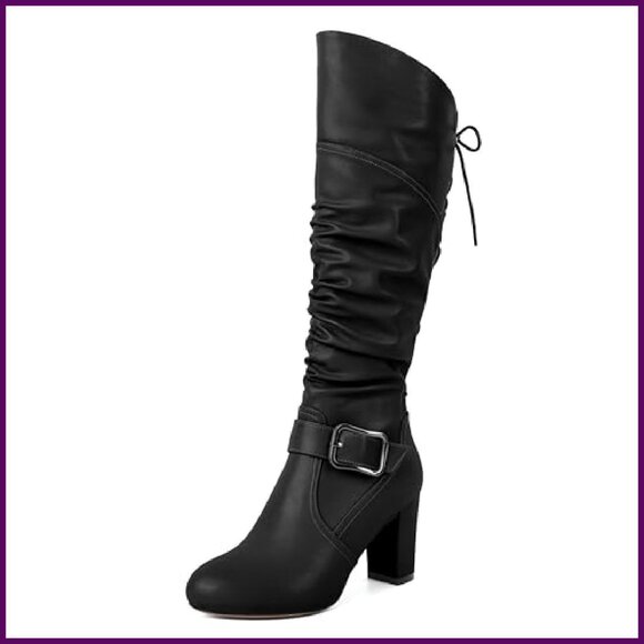 Knee High Boots Chunky Heel Side Zipper Faux Leather Slouchy Dress Boots - Picture 2 of 6